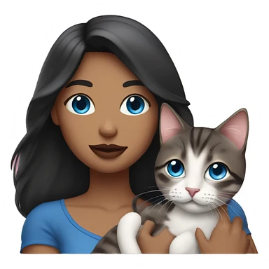Woman with dark long hair, pink lips and blue eyes holding a tabby cat  sticker