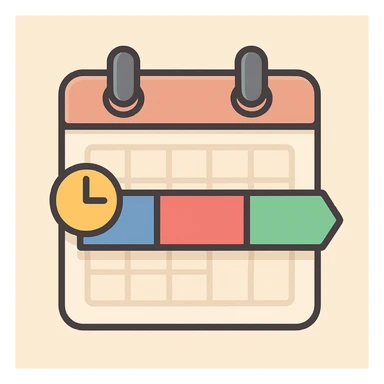Overlay the private equity transaction timeline icon on a simple flat calendar icon. The calendar should be minimal and clean, with a clear timeline bar chart visible on top. No text, keep the style flat and simple. sticker