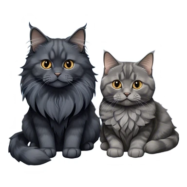 Portrait of a black smoke Maine Coon cat with long grey ear tufts, alongside a British Shorthair cat with a solid blue coat on sofa. Both cats with detailed fur textures and playful expressions. Soft, elegant background of room with warm, natural tones. Transparent background. sticker