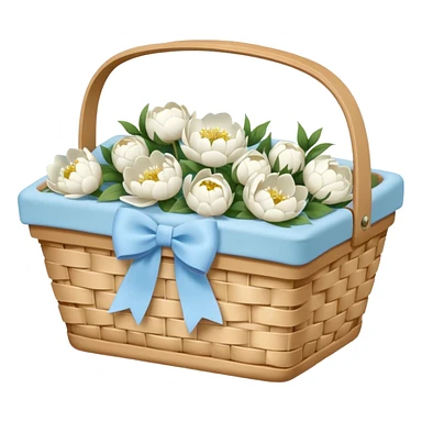 White Picnic basket with light blue bow and white peonies inside sticker