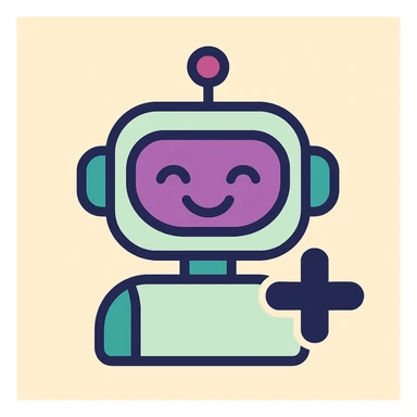 minimal robot avatar with smiling face and large plus sign, Slack-inspired colors, suitable for Slack profile icon, modern and simple sticker