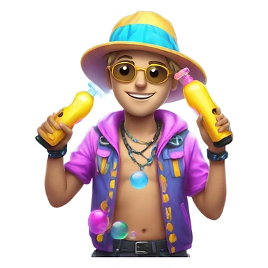 Caucasian boy at rave wearing a glowing outfit and hat with bubble guns in each hand with bubbles all around sticker
