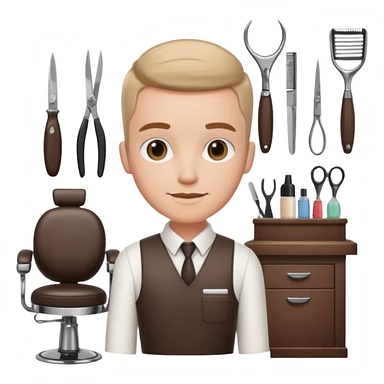 virtual assistant character in a small barber shop, friendly, digital, with barber tools sticker