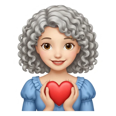 silvery curly/wavy shoulder-length hair smiling lady holding a heart thinner hair sticker