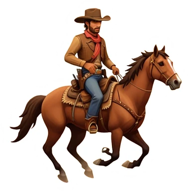 An icon representing an adventure game, inspired by Red Dead Redemption II. The design features a rugged cowboy riding a galloping horse across an open prairie, with towering mesas, cacti, and a golden sunset in the background. The atmosphere conveys freedom, action, and the thrill of the untamed frontier. Transparent background. sticker