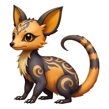 Rare warm-colored exotic cute epic aesthetic gothic colorful Salandit-Eevee-Civet-species-Fakemon-hybrid-creature, with intricate tattoo markings, full body sticker