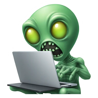 Alien typing on laptop sticker