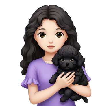 A long-haired girl holds a black maltipoo puppy in the lavender flowers sticker