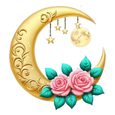 Romantic shiny sparkly glossy glittery vintage crescent damask moon with roses sticker