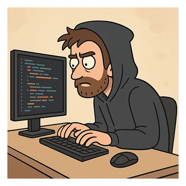 programmer in a dark hoodie, sitting at a desk with code on screen, flat cartoon style sticker