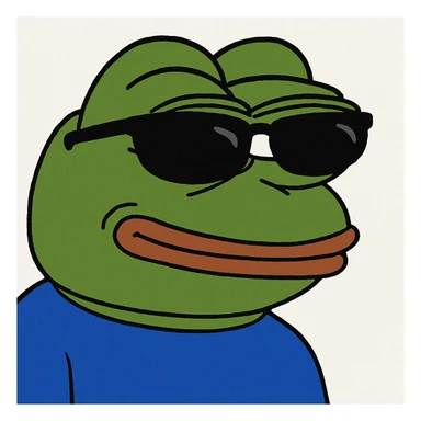 Pepe the Frog wearing sunglasses, looking cool, meme style, green skin, blue shirt sticker