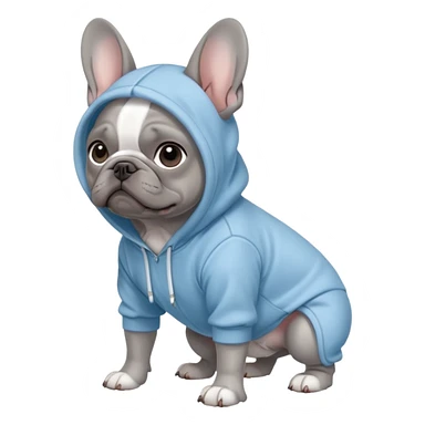 A full body grey French bulldog on all fours wearing a light blue hoodie with the hood down sticker