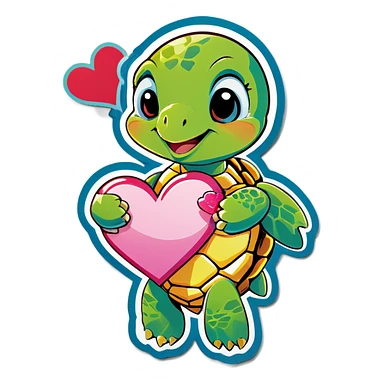 Sea turtle holding a heart sticker