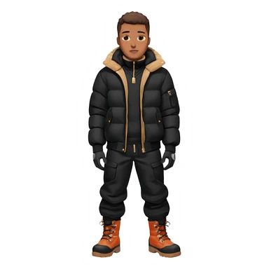 Handsome Black grown man with brown skin tone, wear black joggers, a black bubble coat, and buckwheat timberland boots, and black gloves sticker