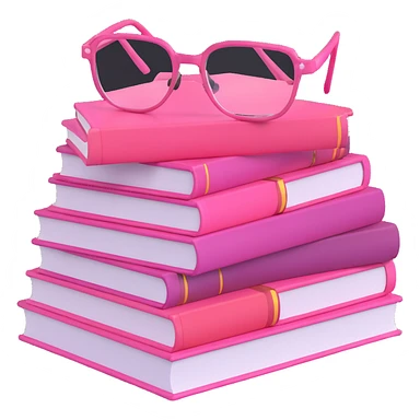 A pile of pink books with glasses on top sticker