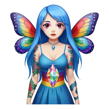 woman-long-blue-hair-red-eyes-white-skin-tattoos-big-breast-wearing-rainbow-crystal-shard-dress,-moths-orbiting,-flirty-contrapposto-pose sticker