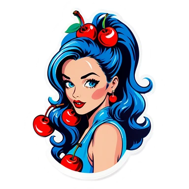 Pop art sexy women with blue hear with cherry sticker