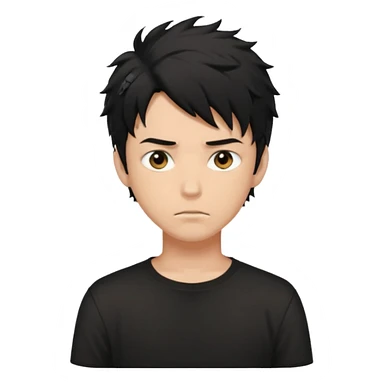 White male, black messy anime hair in his eyes, black shirt, black hunter eyes, hot  sticker