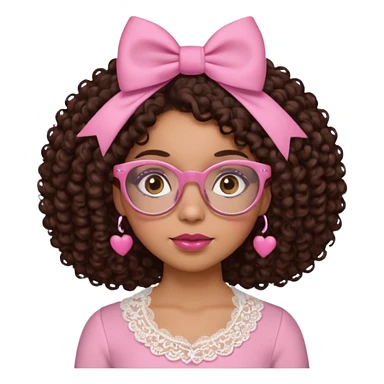 medium-light kinned afro-latina girl with medium length chocolate brown side part curly hair, small pink bow , with brown glasses, brown eyes, pink and white sweetheart necklined top with lace, round wide-ish nose, ob-long face sticker