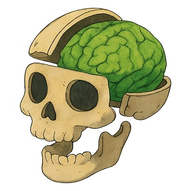 ghibli style cut-up skull with green brain inside sticker