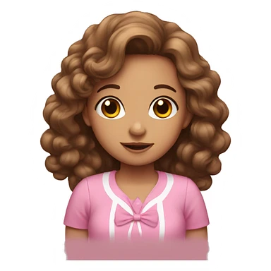 A girl with long curly brown hair and pink shirt with a bow sticker