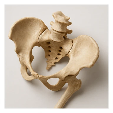 realistic human pelvis tilted, 4K image, anatomical details, evident tilt, top view, clinical atmosphere, light background sticker