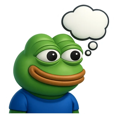 make a pepe in bright green smiling with thought bubble looking at left side in 3d style, good highlights and shadows, drop shadows sticker