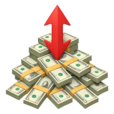 a pile of money with red arrow up with a strategy paper sticker