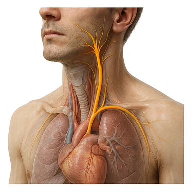 realistic 4K close-up image of human neck and chest with vagus nerve highlighted, anatomical details, visible vagus nerve path, transparency on internal organs, natural colors, white background sticker