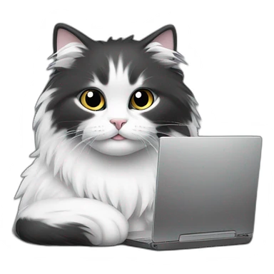 fluffy cat black and white near the computer sticker