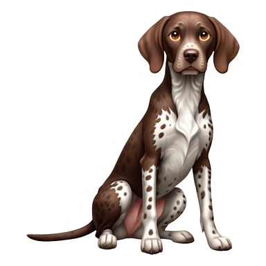 cinematic-[german pointer]-realistic-full-body-sitting-emoji,-tail-resting-loosely-beside-its-paws,-head-tilted-dramatically,-sleek-[brown and white spotted]-fur,-simplified-yet-realistic-focused-features,-highly-detailed,-glowing-with-an-almost-sarcastic-glow sticker