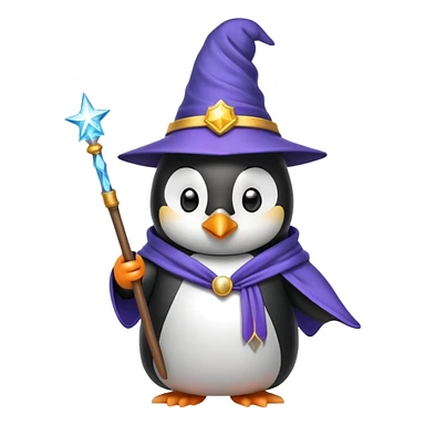 penguin wearing wizard hat and robe holding a magic wand sticker