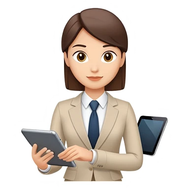 A flat-style illustration of a business executive confidently, holding a digital tablet or folder. The character wears smart business attire, clean cartoon style, white background, iOS emoji aesthetic. sticker