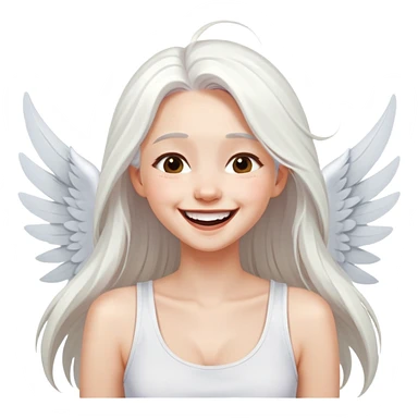 Style Stylized girl laughs with long white hair holds her hair in a white Tshirt on straps on straps hawks White hugs wings style art gam style cartoon sticker