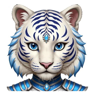 ESO Female white tiger khajiit leader of the umbral rose, blue eyes, blue 'third eye' gem sticker