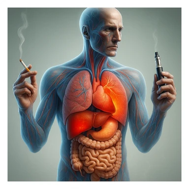 Medical illustration, hyperrealistic 4K, realistic anatomical human body, inflamed liver and intestine highlighted, holding a lit normal cigarette in the right hand and an electronic cigarette in the left hand, clear background, extremely detailed, same lighting and style as the reference image. sticker