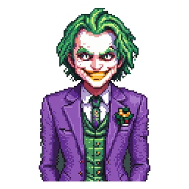 Joker with purple suit and green hair, grinning, pixel art style sticker