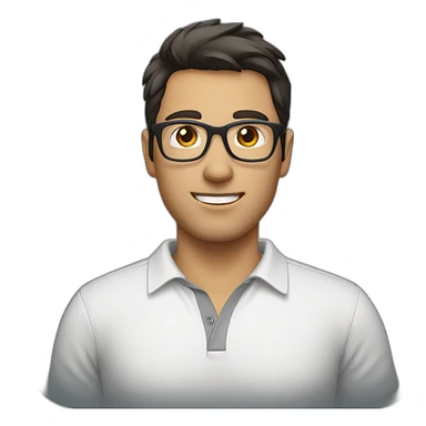 guy with dark hair, a white polo and grey glasses sticker