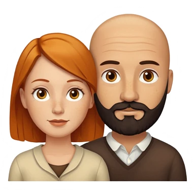 Couple. Bald man with dark brown-black beard. White woman with many small, faded freckles, she has white skin and she has auburn-yellow-brown-cinnamon, dark hair. She has light orange-brown eyes. The man have hazel eyes. Retro style. sticker