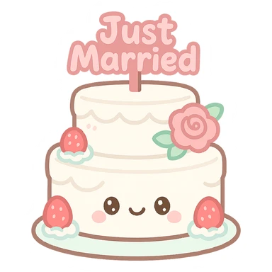 white wedding cake with strawberries, pink roses, Just Married topper, kawaii style sticker