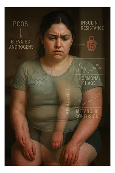 cinematic realistic in italiano Woman with PCOS struggling with hormonal chaos, transparent overlay showing elevated androgens and insulin resistance affecting her body, lipedema causing disproportionate fat accumulation in legs and arms despite normal torso, expression of frustration with unexplained weight gain, medical charts showing complex endocrine dysfunction, painful swollen limbs contrasting with metabolic confusion sticker