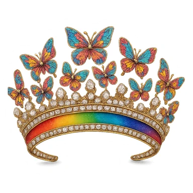 butterfly crown with a rainbow base, butterflies in multicolor enamel, sparkling gems, transparent background sticker