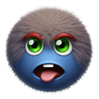 fuzzy blue ball with green eyes smiling with angry dark red eyebrows sticker