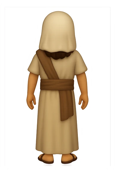 Create a back view, centered full body image of Apostle Peter in classic emoji style. He is facing away, smiling, wearing the same clothing as the reference image: a robe with a brown sash and head covering, with long sleeves. No background. The style should mimic classic emoji style. sticker