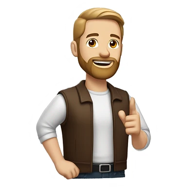 White man with beard, without mustache, hair color brown, hairstyle - straight hair combed to the right, black and red background, half-side body pose, finger up gesture sticker