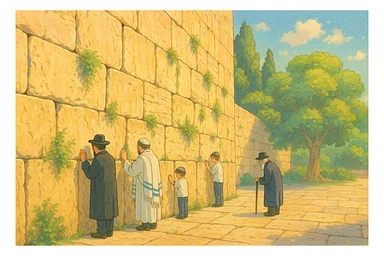 a kotel (Western Wall) illustration, ghibli style sticker