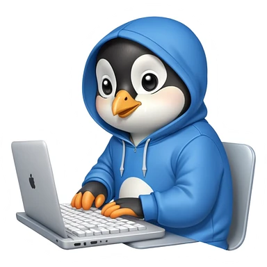 A cute penguin wearing a blue hoodie typing intensely on a laptop keyboard sticker