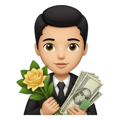 a pretty bratz boy with black hair, holding a bouquet made of money sticker