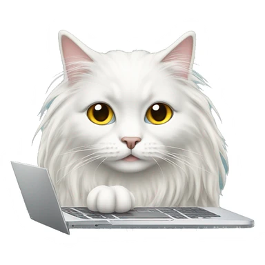 White long haired cat in front of a laptop sticker