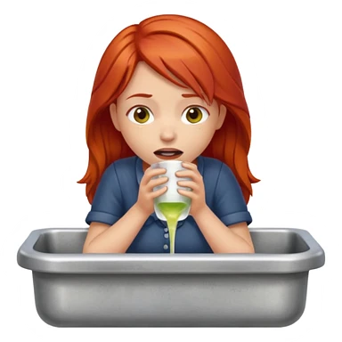 apple style emoji of a girl with red hair at a dry sink, showing signs of thirst and fatigue sticker